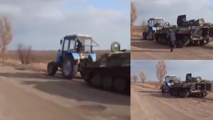 Ucraina, ruba un carro armato russo col suo trattore
