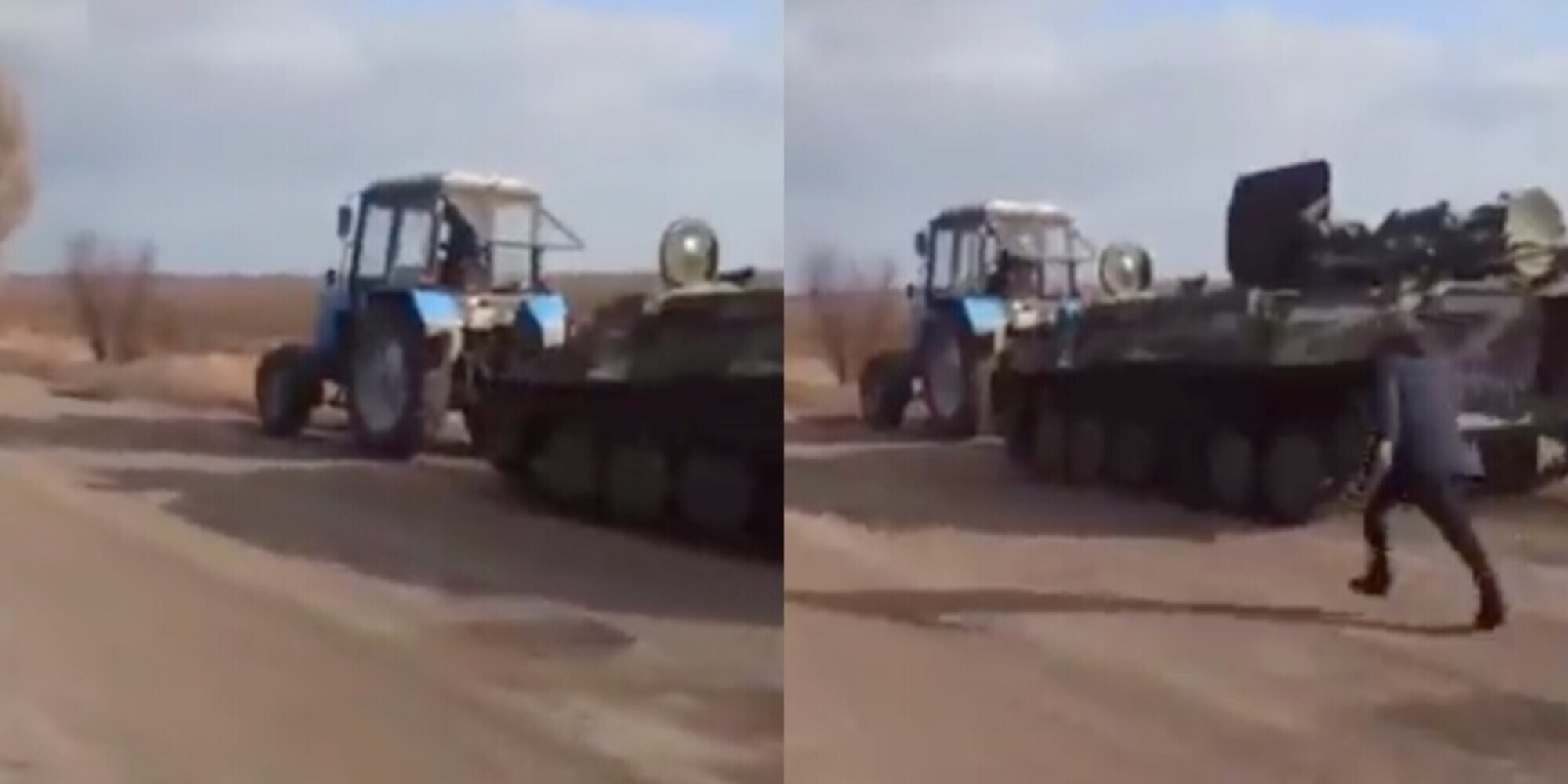 Il coraggio di un contadino ucraino: ruba un blindato russo trainandolo col suo trattore VIDEO