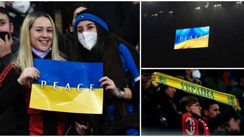 Milan-Inter, S.Siro contro la guerra: bandiere e maglie dell'Ucraina