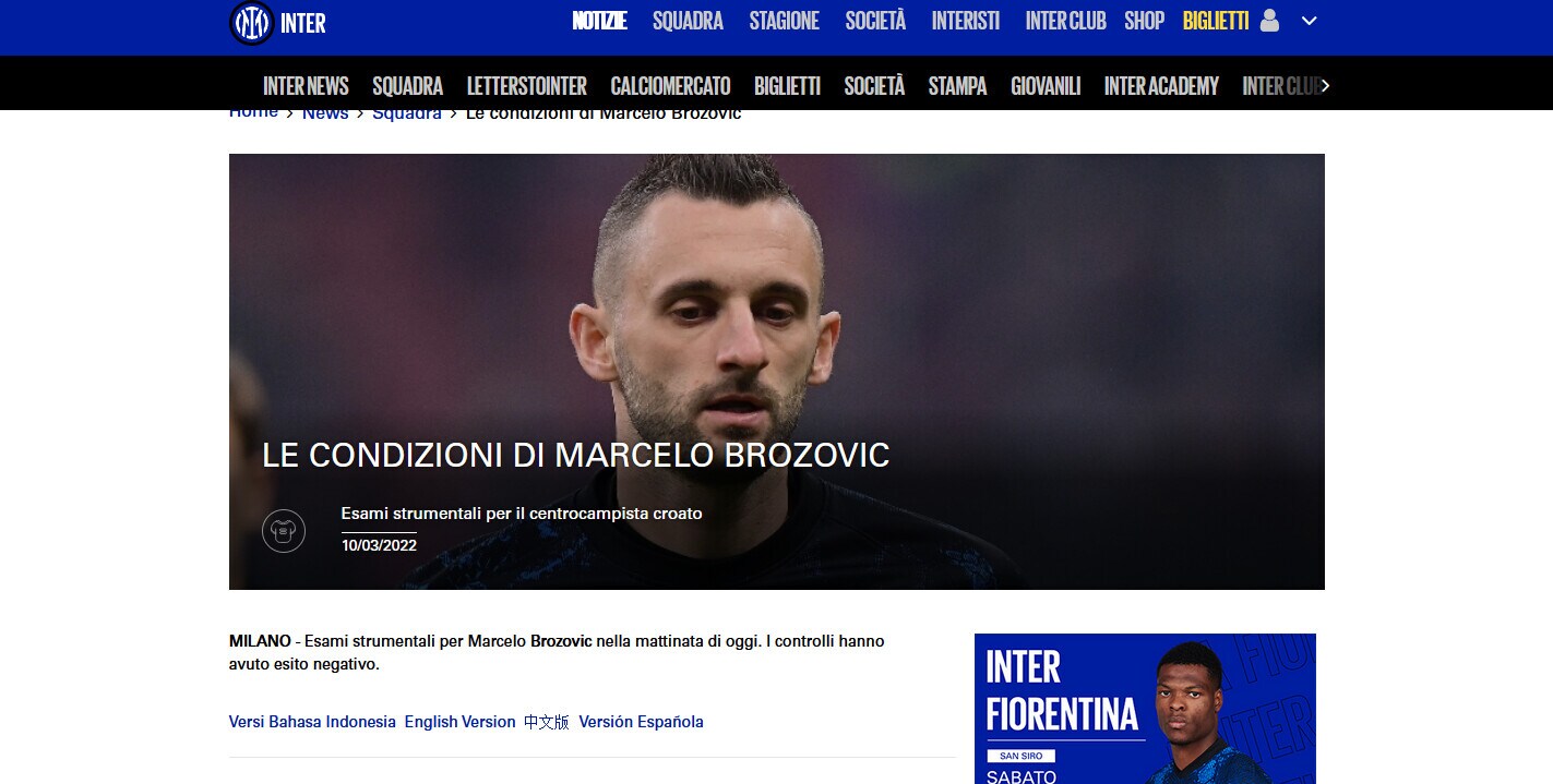Inter, gli esami escludono lesioni per Brozovic