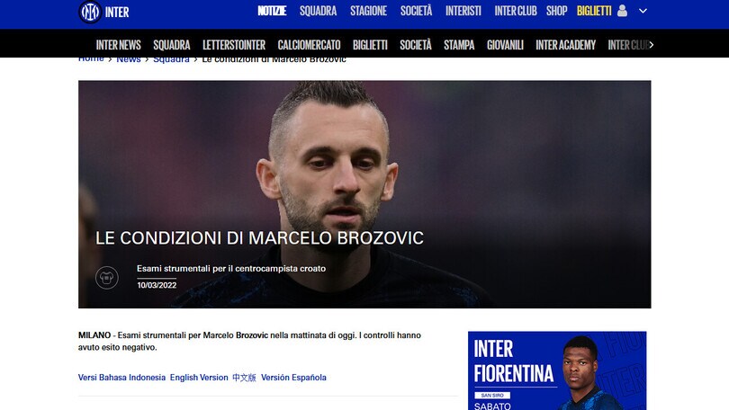 Inter, gli esami escludono lesioni per Brozovic