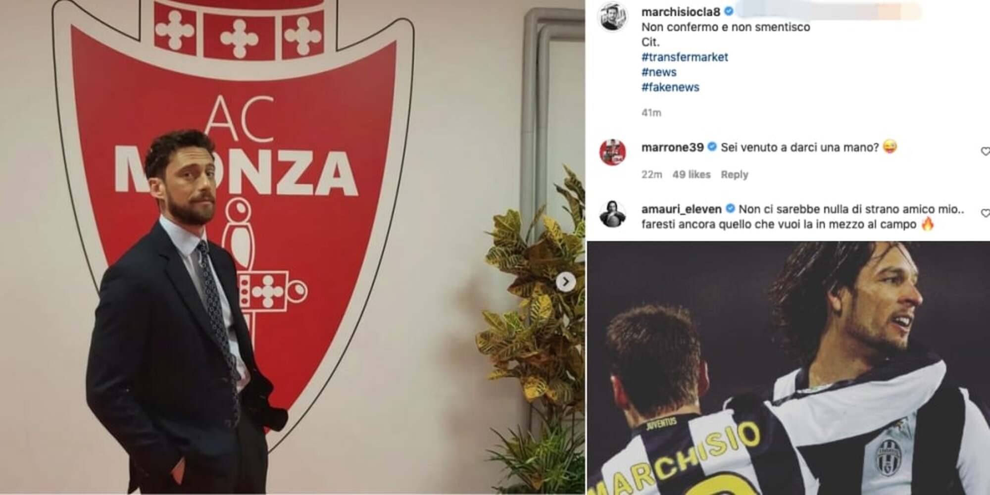 Marchisio nella sede del Monza: il post social e il commento di Amauri