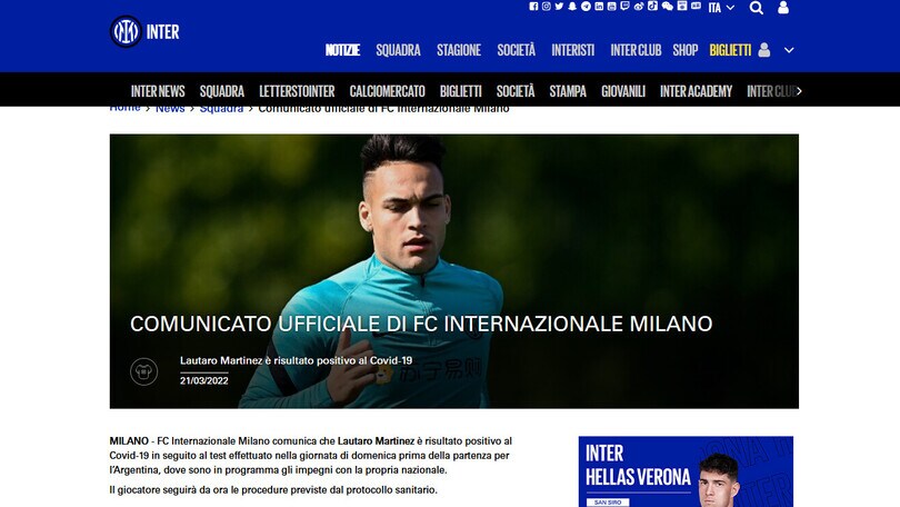 Inter, Lautaro Martinez ha il Coronavirus