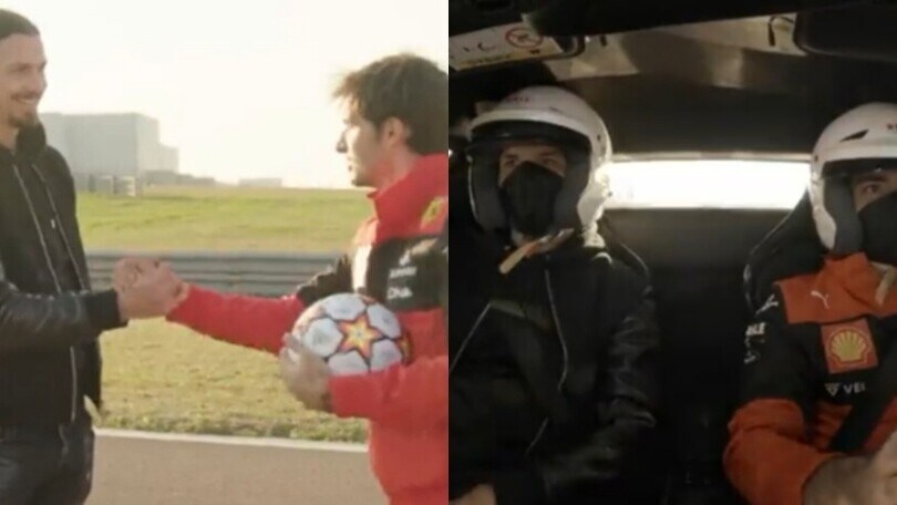 Ibrahimovic con Leclerc e Sainz a Maranello: giro di pista in Ferrari