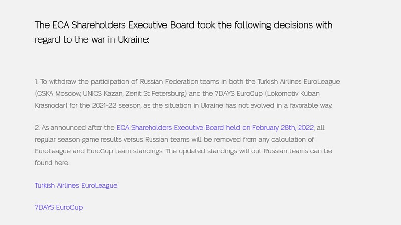 Eurolega ed Eurocup, ufficiale l'esclusione dei club russi