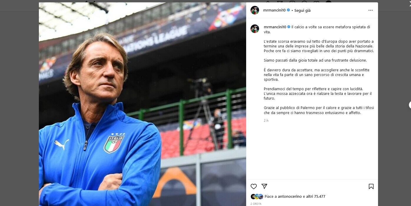 Italia, Roberto Mancini scrive un messaggio social per i tifosi