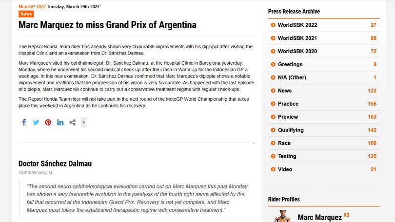 Moto Gp, ufficiale: Marquez salta il Gp d'Argentina