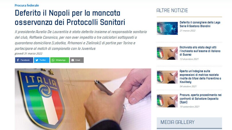 Juve-Napoli, deferito De Laurentiis per la quarantena non rispettata