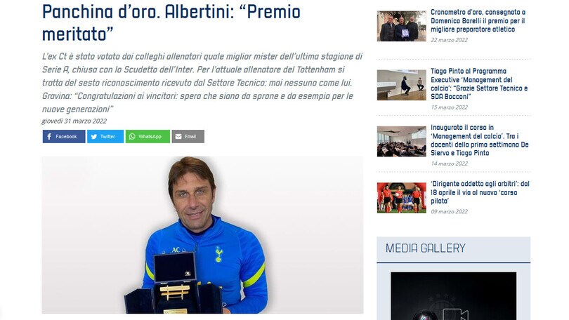 La Panchina d'oro 2020-2021 va ad Antonio Conte