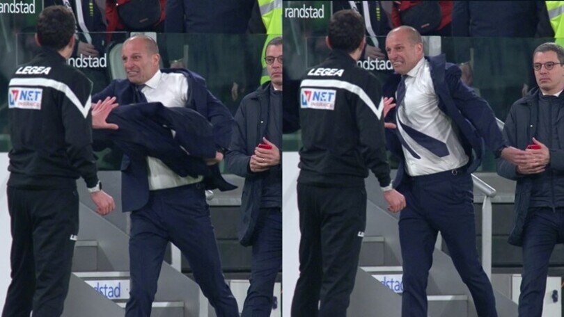 Juve, Allegri è una furia: getta via il cappotto dopo il rigore per l'Inter