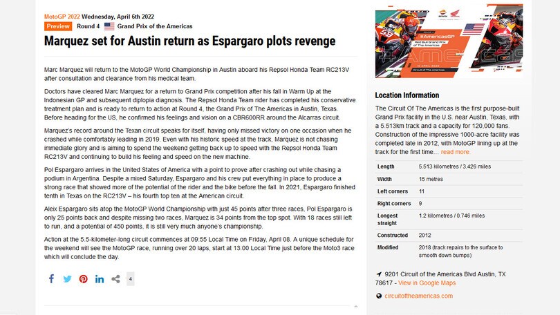Moto Gp, ufficiale: Marquez correrà il Gp delle Americhe ad Austin