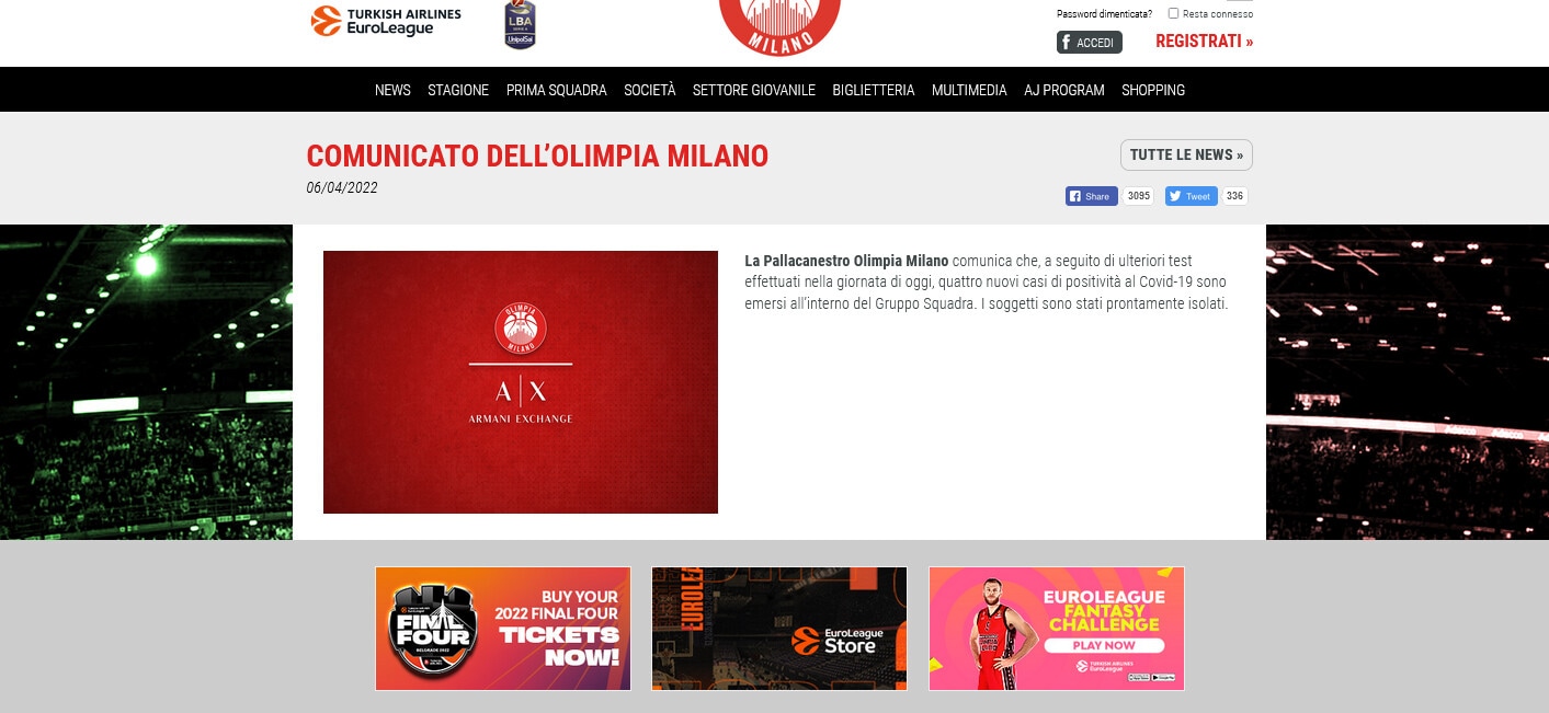 Basket, Olimpia Milano in difficoltà: 4 casi di Covid e Datome operato