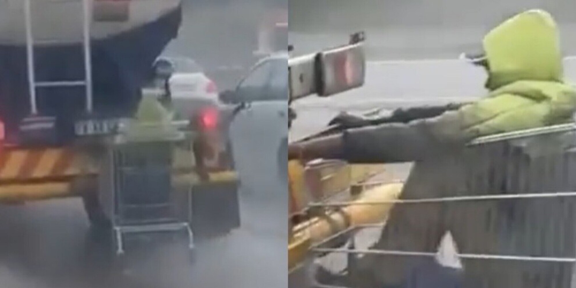 Camion trascina un carrello della spesa sotto la pioggia: dentro c'è un ragazzo! VIDEO
