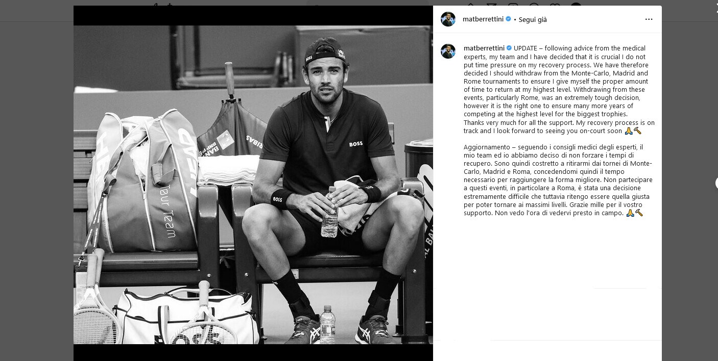 Berrettini su Instagram: "Salto Montecarlo, Madrid e Roma"