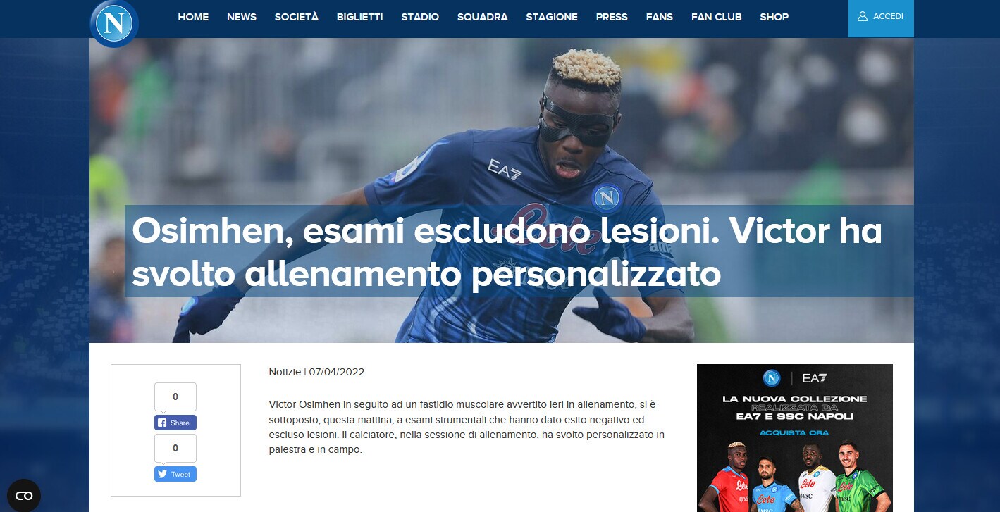 Napoli, aggiornamento su Osimhen: "Escluse lesioni"