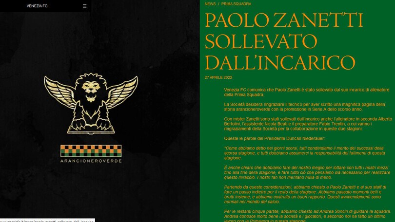 Venezia, ufficiale: Paolo Zanetti è stato esonerato