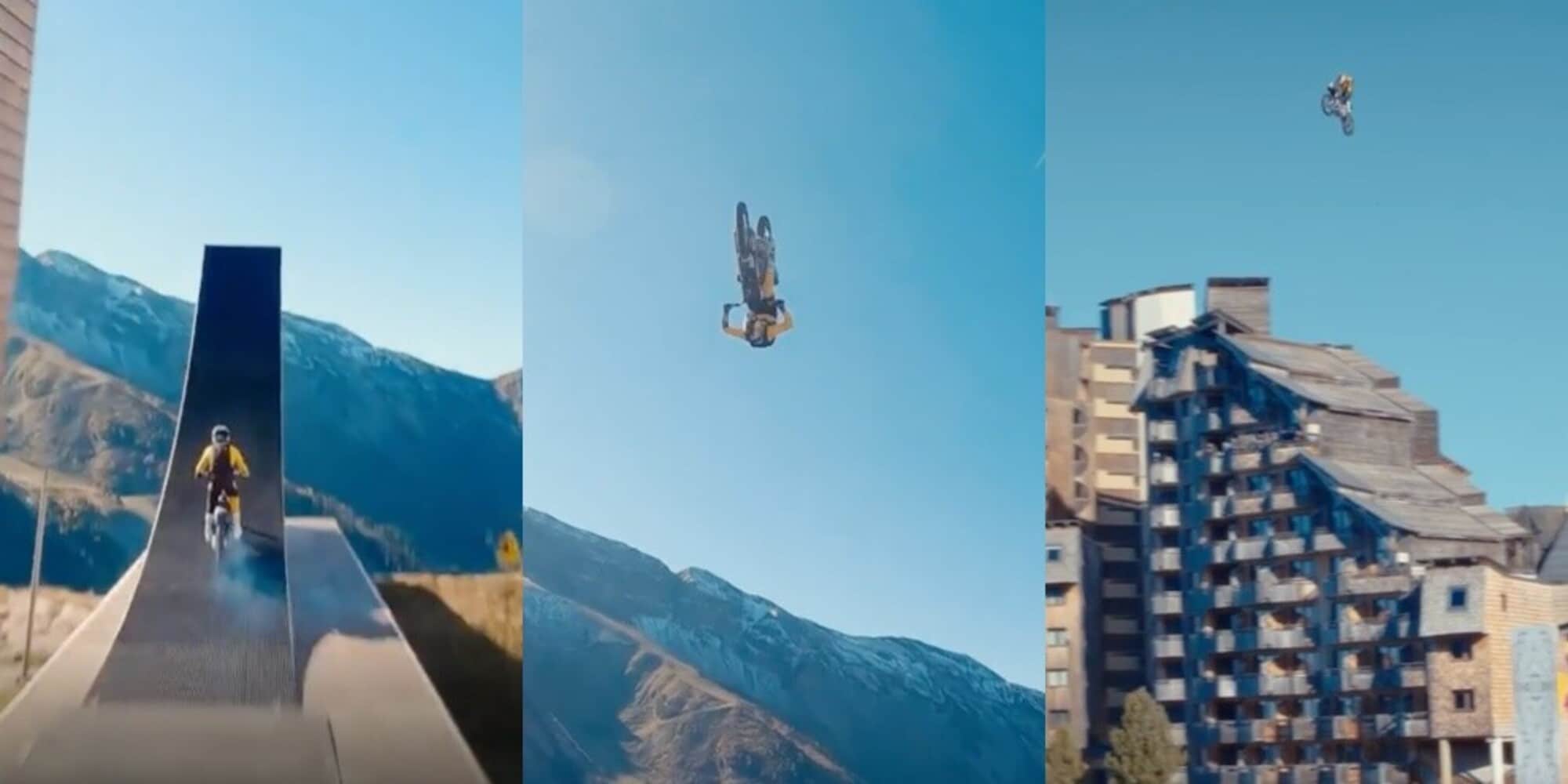 Spericolato doppio salto mortale in moto da 135 metri d’altezza