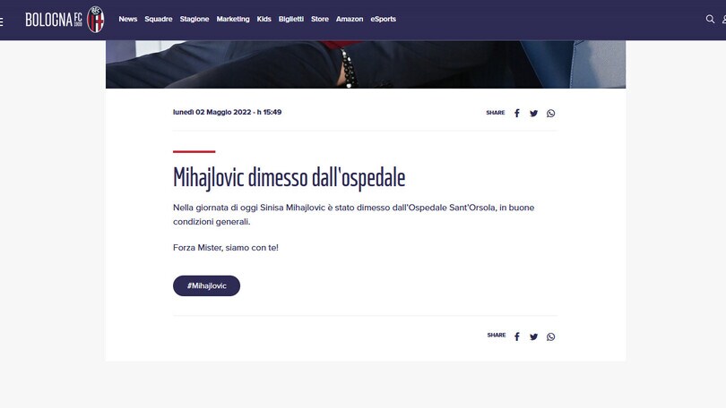 Bologna, Mihajlovic ha lasciato l'ospedale