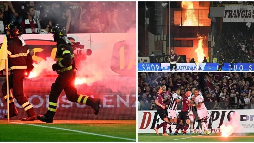 Salernitana-Udinese, scoppia il caos: incendio in curva e fumogeni in campo