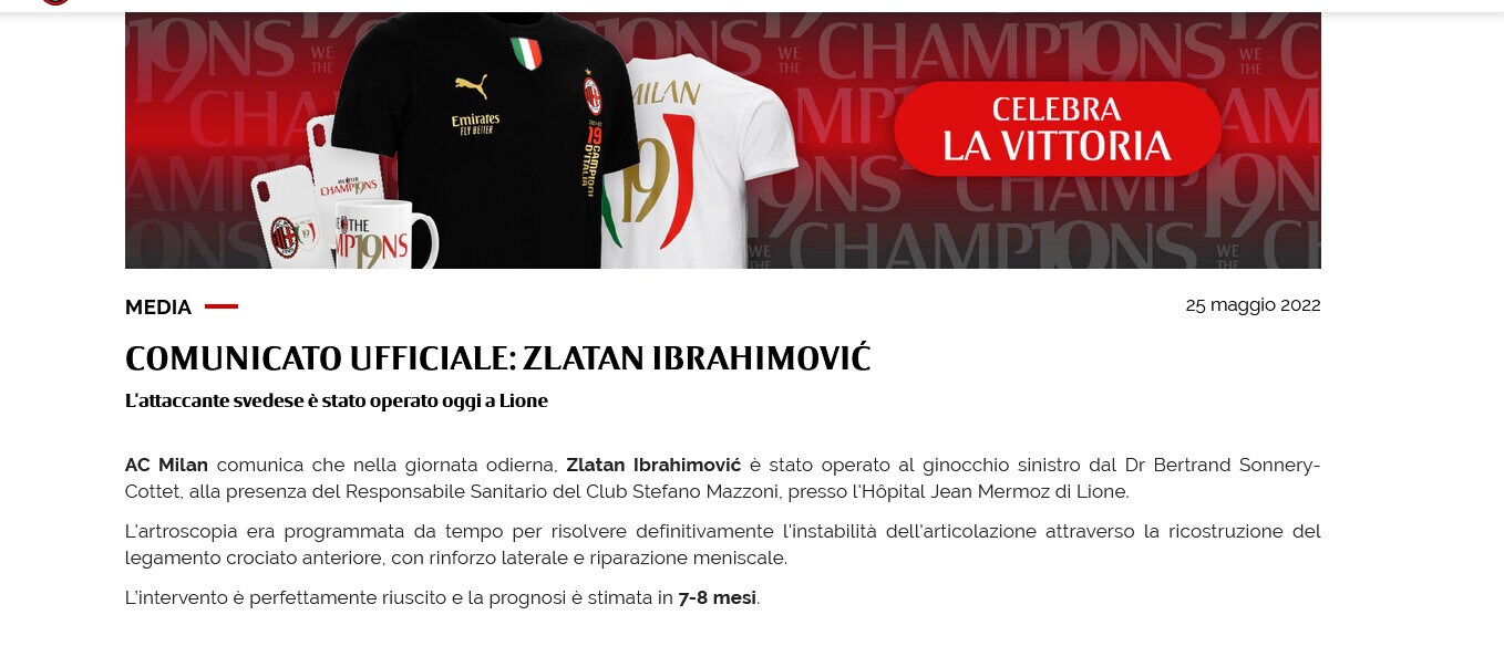 Milan, Ibra si opera: out per 7-8 mesi