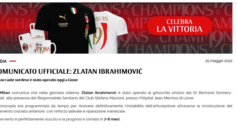 Milan, Ibra si opera: out per 7-8 mesi