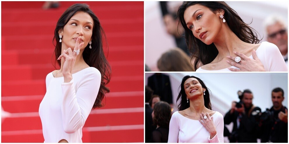Bella Hadid sfila in bianco sul red carpet e incanta Cannes