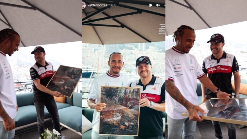 Bottas che regalo hot a Hamilton: nel quadro c'è una sua foto di nudo! VIDEO