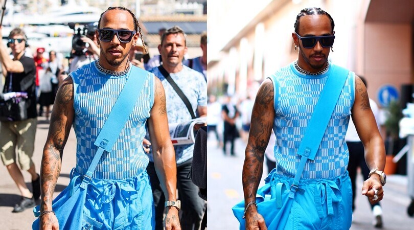 Hamilton tutto azzurro, look stravagante al Gran Premio di Monaco
