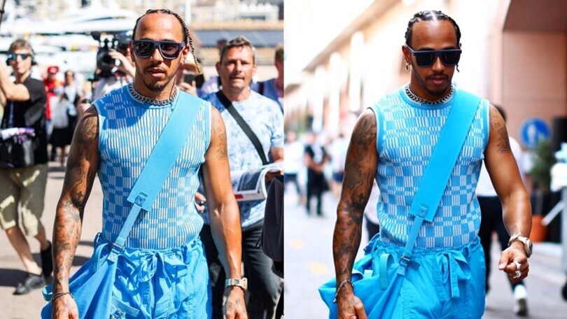 Hamilton tutto azzurro, look stravagante al Gran Premio di Monaco