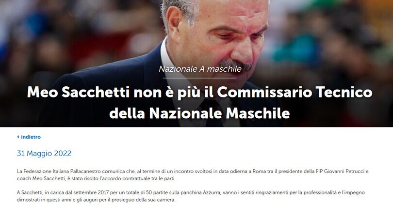 Ufficiale, Basket: Sacchetti non è più il Ct Azzurro