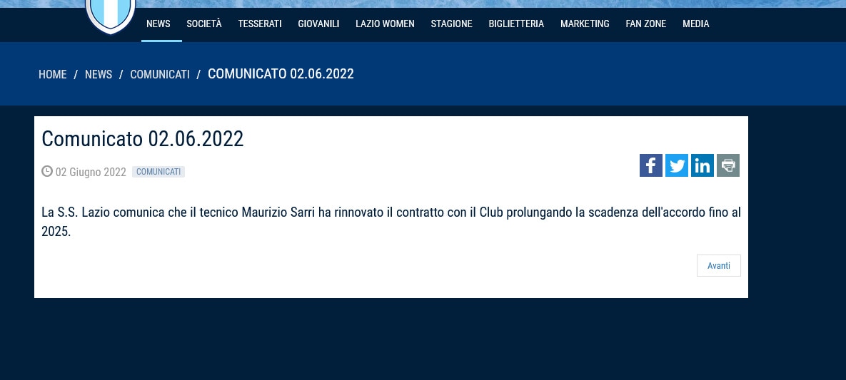 Ufficiale, Lazio: accordo fino al 2025 con Sarri