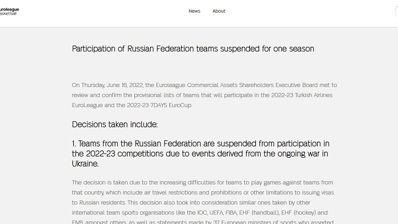 Ufficiale, Eurolega ed Eurocup escludono club russi da stagione 2022-2023