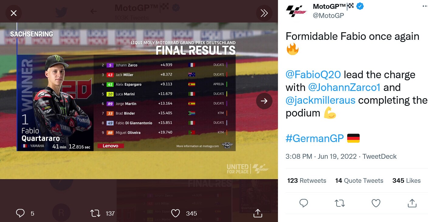 Moto Gp, Germania: Quartararo vince e allunga, caduta per Bagnaia