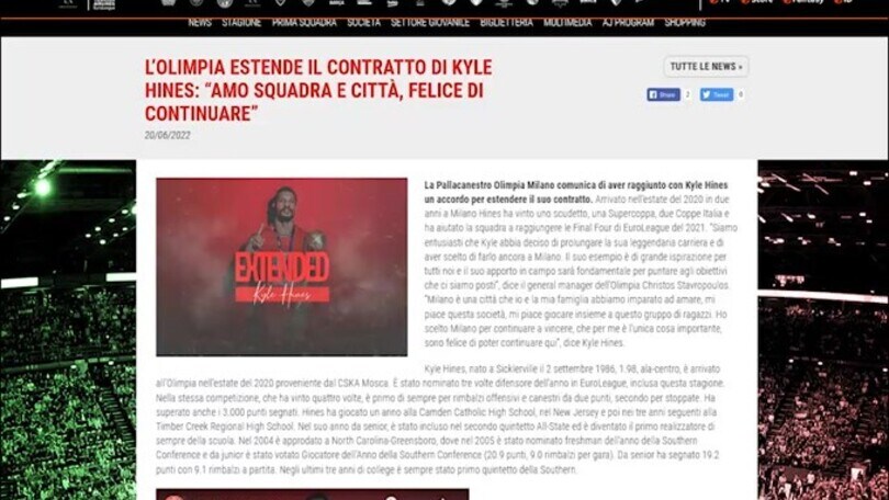 Basket, ufficiale: Hines rinnova con l'Olimpia Milano