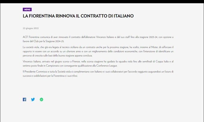 Fiorentina, Italiano ha rinnovato fino al 2024