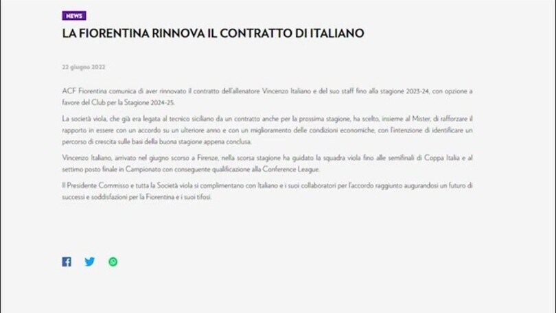 Fiorentina, Italiano ha rinnovato fino al 2024