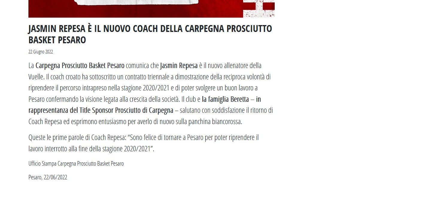 Basket, ufficiale: a Pesaro torna Repesa