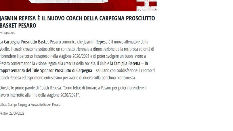 Basket, ufficiale: a Pesaro torna Repesa