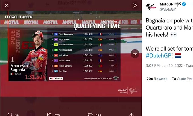 Moto GP, Olanda: in pole c'è Bagnaia