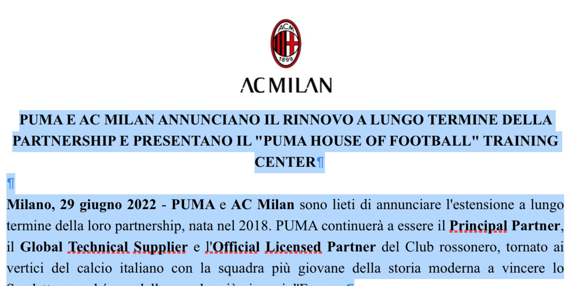 Puma e Milan, un rinnovo a lungo termine