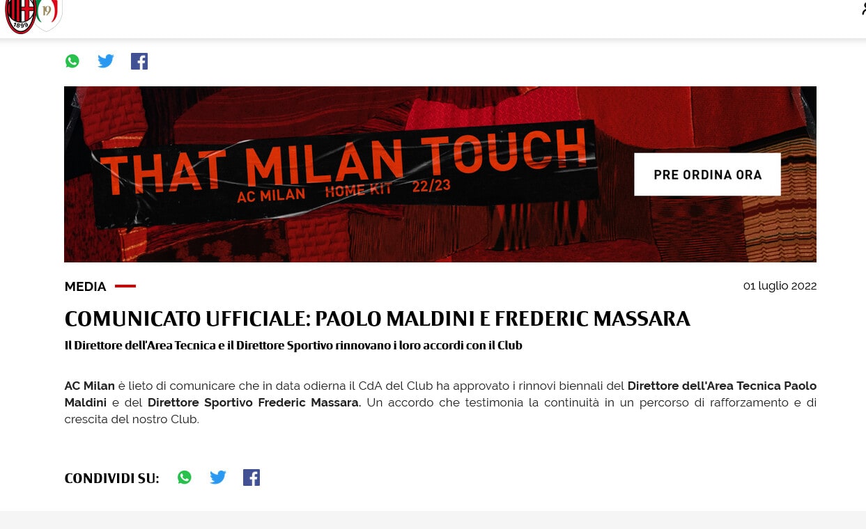 Milan, ufficiale: Maldini e Massara hanno rinnovato