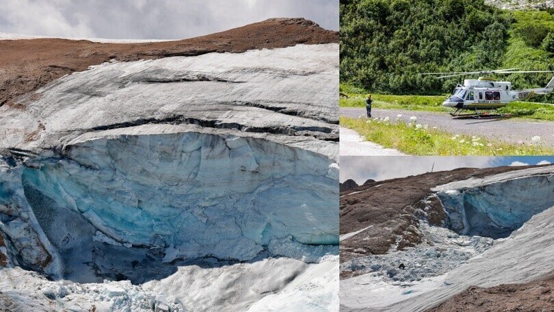 Marmolada, impressionante buco nel ghiacciaio