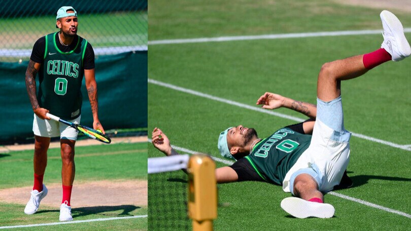 Wimbledon, Kyrgios si allena (a modo suo) con la maglia dei Celtics