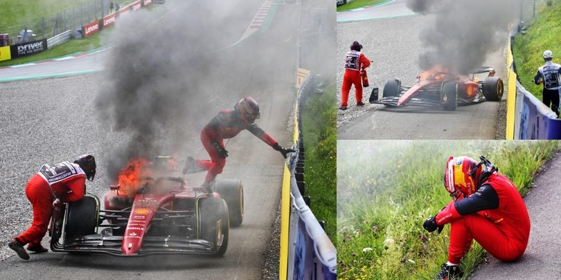 Sainz costretto al ritiro: le FOTO della Ferrari in fiamme