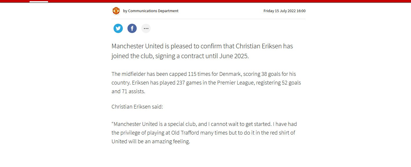 Ufficiale, Manchester United: Eriksen ha firmato fino al 2025