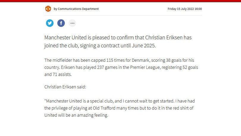 Ufficiale, Manchester United: Eriksen ha firmato fino al 2025