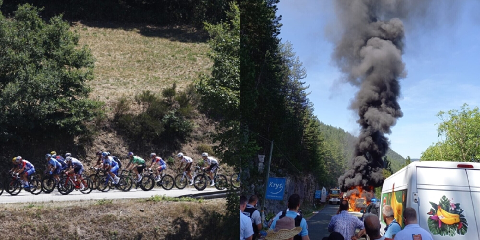 Shock al Tour de France: una vettura della polizia va in fiamme