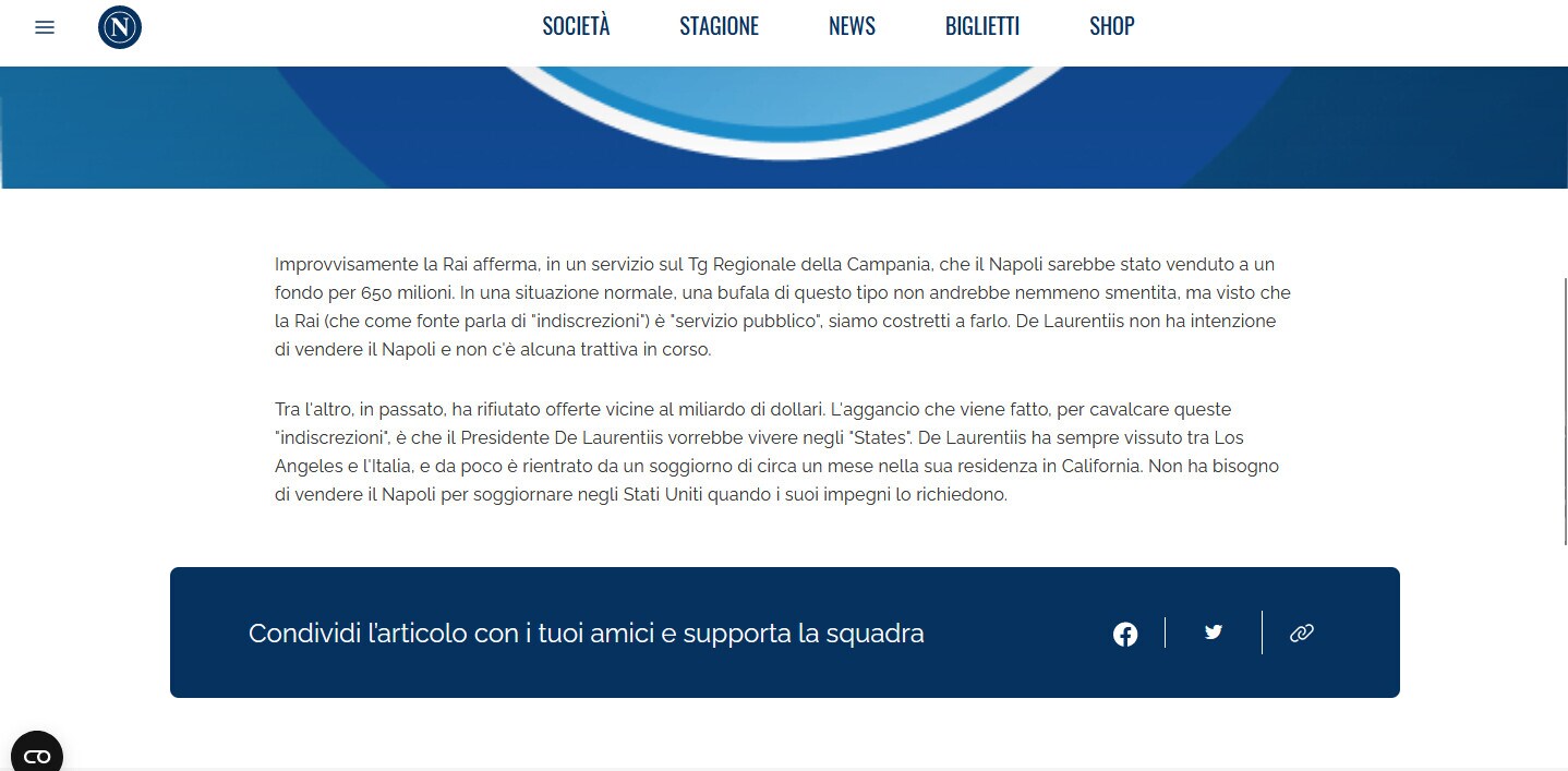 Comunicato Napoli: "Il club non è in vendita"