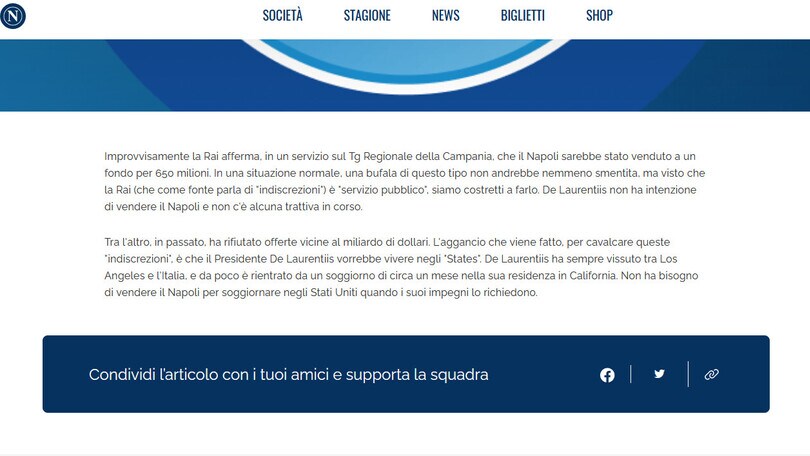 Comunicato Napoli: "Il club non è in vendita"