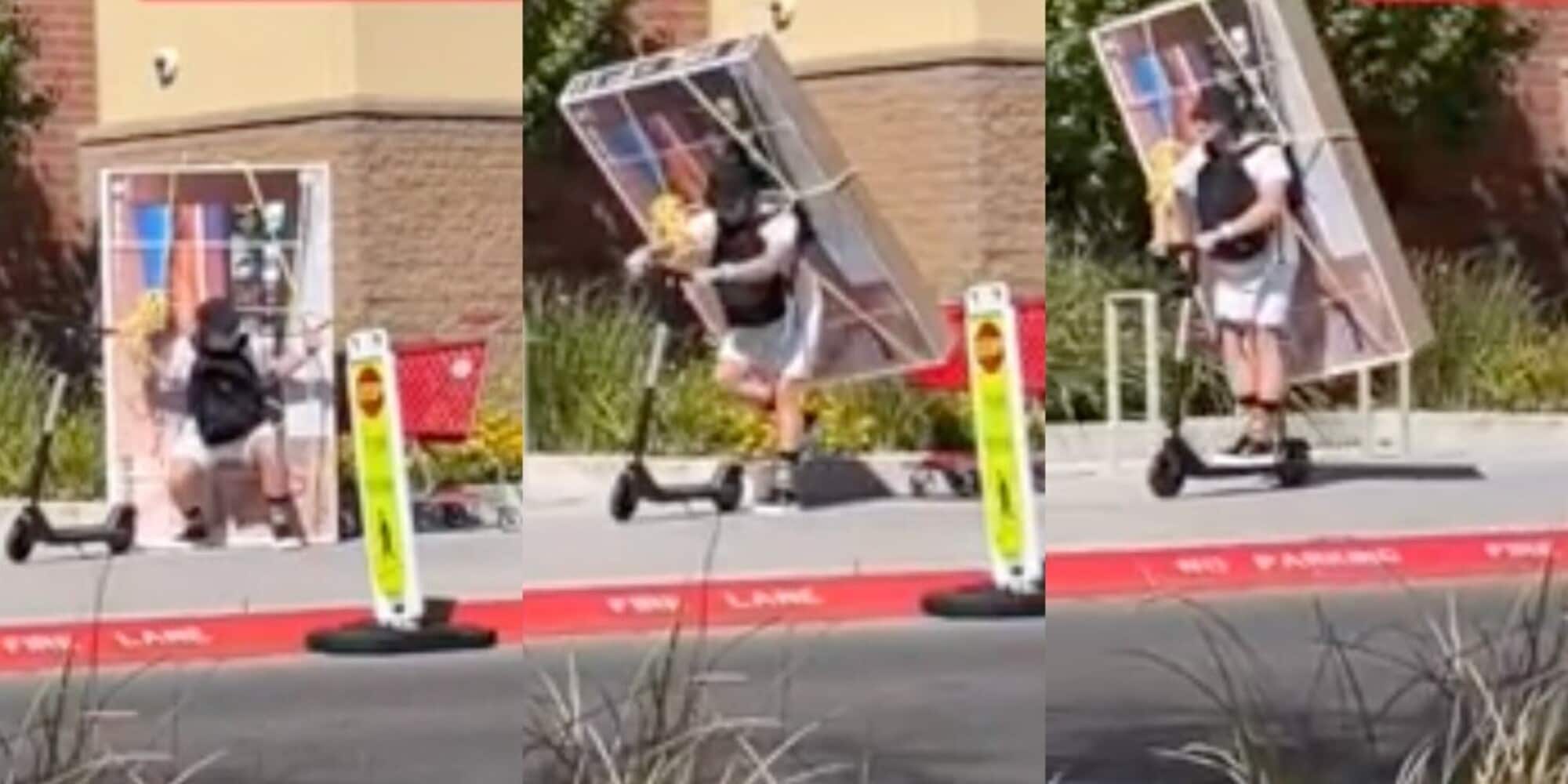 In monopattino con una TV da 65" legata alla schiena: il video è virale